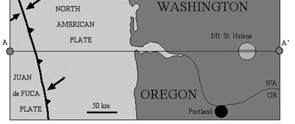Helens In the illustration at the right is a vertical crosssection (from A to A ) of Earth s crust and mantle from west of the Cascadia subduction zone to east of Mt. St.