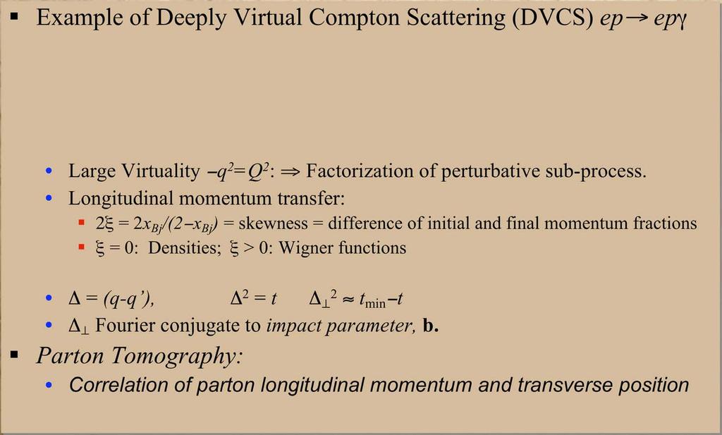 Quark & Gluon Imaging Example of Deeply Virtual Compton Scattering (DVCS) ep ep JLab, HERMES q q + HERA, COMPASS EIC? Large Virtuality q 2 =Q 2 : Factorization of perturbative sub-process.