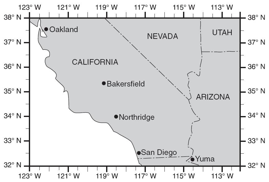 Base your answers to questions 6 through 9 on the map below, which shows a portion of southwestern United States.