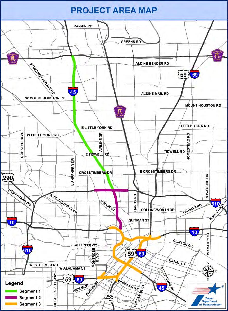 RECOMMENDED ALTERNATIVES Environmental Impact Statement (EIS) Project Divided into 3 Segments Segment 1: Beltway 8 to I-610 (9 mi) Segment 2: I-610