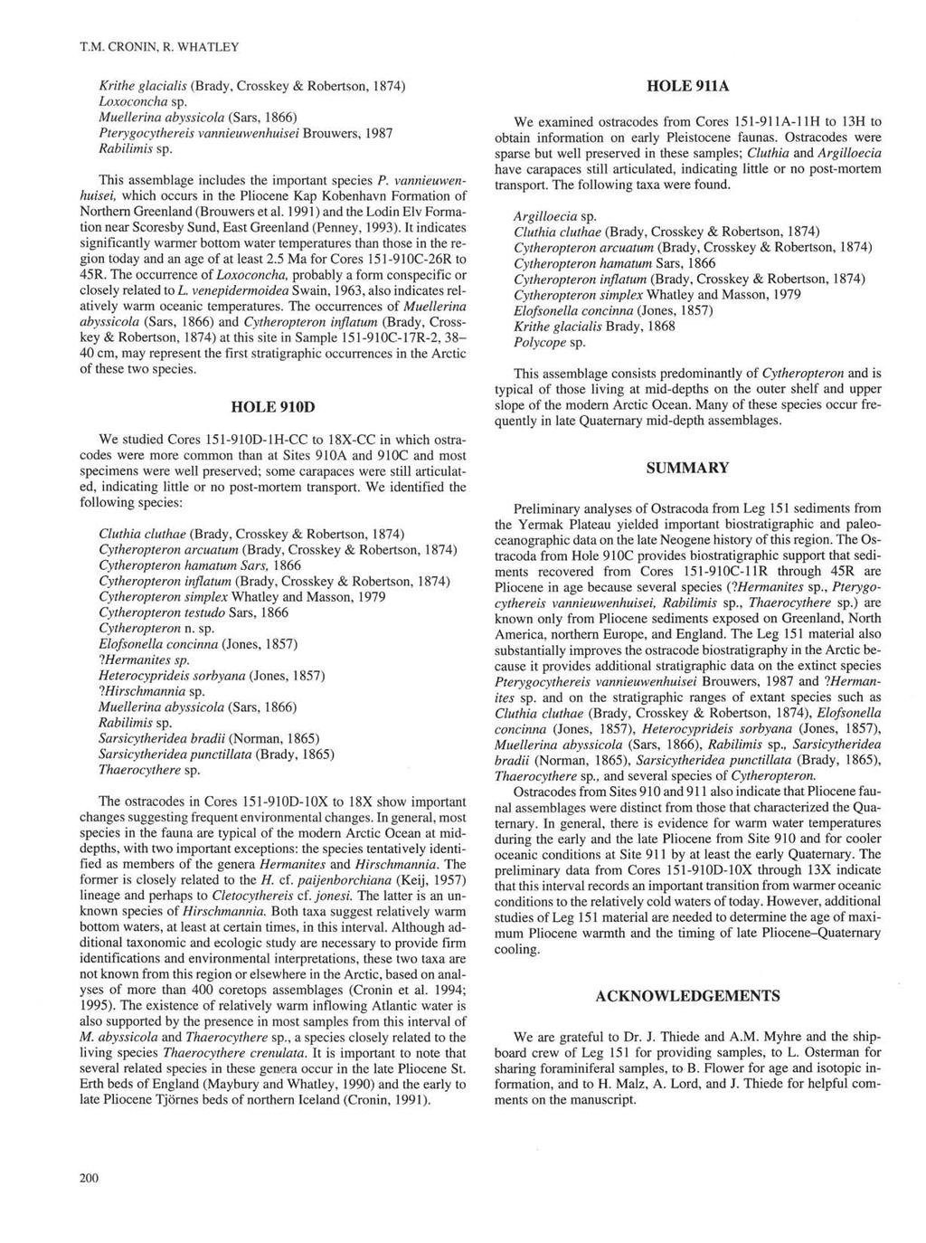 T.M. CRONIN, R. WHATLEY Krithe glacialis (Brady, Crosskey & Robertson, 874) Loxoconcha sp.