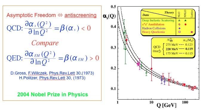 Understanding QCD: the running coupling (Asymptotic freedom)! Rough qualitative picture: due to gluon carrying color charges!