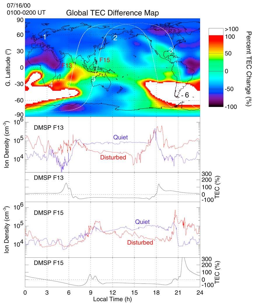SIA 1-4 KIL ET AL.: DRIVER OF THE POSITIVE IONOSPHERIC STORM Figure 2. Comparison of global TEC difference map with in situ ion density measurements from DMSP F13 and F15.