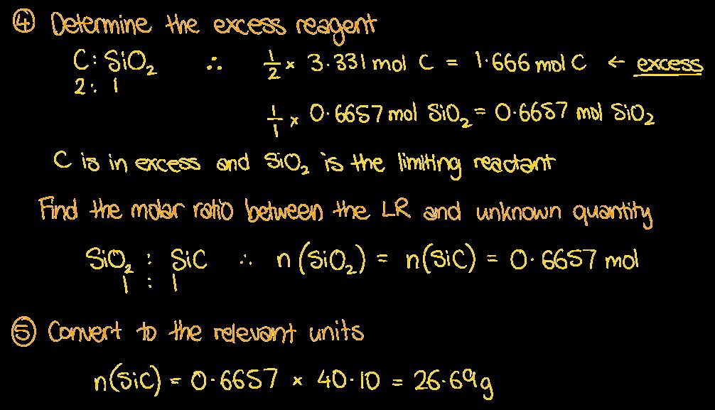 We determine the amount (in moles) of both reactants and use the molar ratio to from the equation to