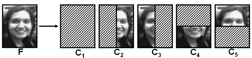 Fig. 2. Object representation. We construct five covariance matrices from overlapping regions of an object feature image. The covariances are used as the object descriptors.