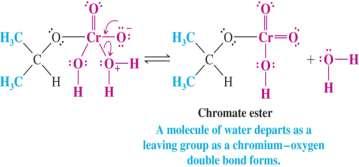 Mechanism of Chromate Oxidation Step 1: A chromate ester is formed from the alcohol hydroxyl Step 2: An elimination reaction