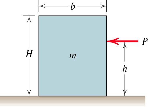 Sample 3 The homogeneous rectangular block of mass m, width b, and height H is placed on the horizontal surface and subjected to a horizontal force P which moves the block along the surface with a