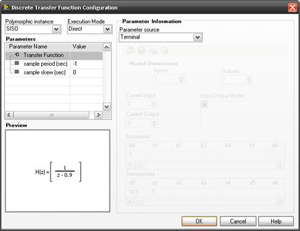 Figure 15: Discrete Transfer Function Configuration Create a MathScript Node outside the Simulation Loop, and paste