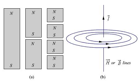 Fig. 6: (a) Subdivision of a magnet (b) Magnetic field/ flux lines of a straight current carrying conductor Similarly if we consider the field/flux lines of a current carrying conductor as shown in