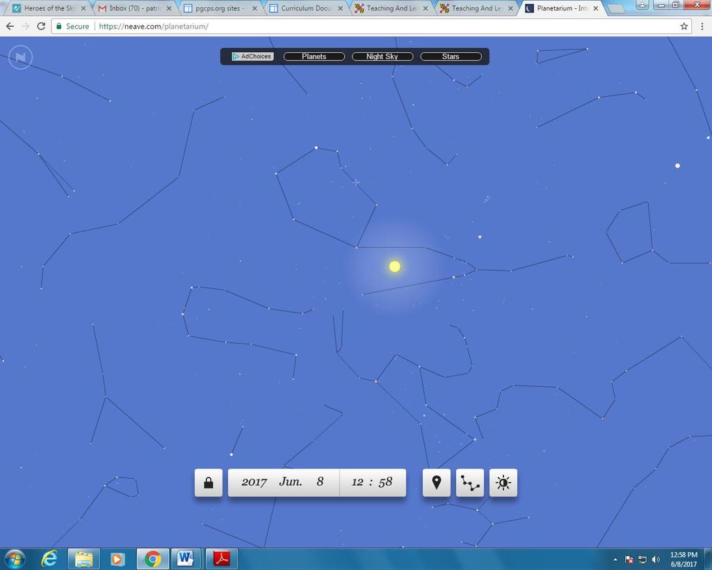 3. Click the sky to explore. Find the Sun, then locate any planets near the Sun by placing your mouse over it.