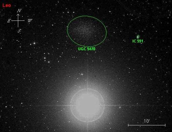 Leo I lies 20' North of Regulus If you have a large telescope, look for the 10th magnitude Leo I Dwarf Galaxy (UGC 5470) lying a mere 1/3 degree to the north.