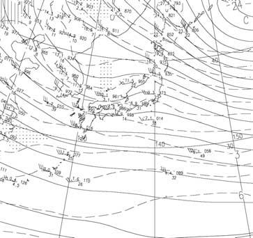 Figure 16. The 700 hpa weather chart over Japan on (a) 18 February 2003, (b) 19 February 2003, (c) 20 February 2003, and (d) 21 February 2003. Time unit is UTC.