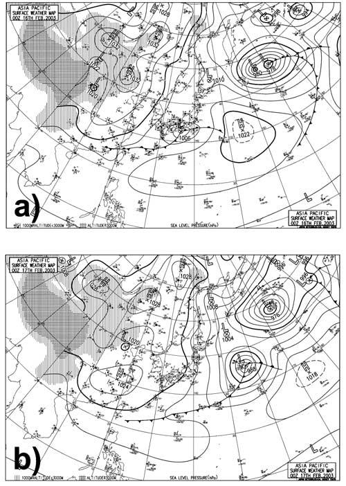 Figure 18. Surface weather chart of the Asia and Pacific regions on (a) 16 February 2003 and 17 February 2003. Time unit is UTC.