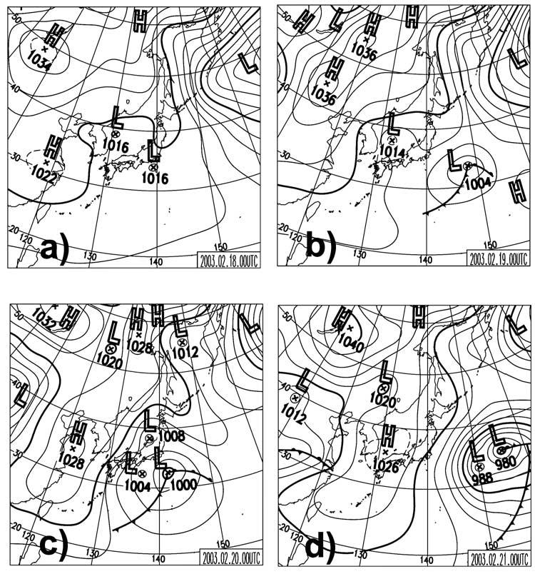 Figure 19. Surface weather chart of Far East Asia on (a) 18 February 2003, (b) 19 February 2003, (c) 20 February 2003, and (d) 21 February 2003. Time unit is UTC.