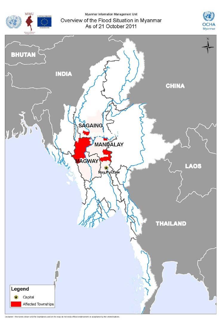 Flash Flood in 2011 Flash floods affected in Magway, Mandalay and Sagaing Regions on 19 October 2011.