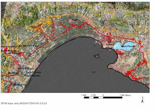 LANDSAT ETM Image with contour lines Golfo di Taranto Red