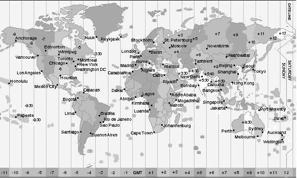 The map shows time zones relative to the Prime Meridian (Greenwich Mean, GMT, also called Universal Coordinated, UTC). The Hawai'i time zone, for example, is - 10 or 10 hours earlier than GMT.