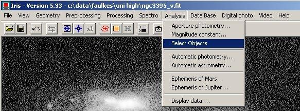 Figure 7: Select Objects. The cursor will change shape and an Output window will pop up on the screen. Click at one edge of one of the galaxies and the x,ycoordinates will appear in the Output window.