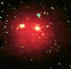 In the image above, the hot X-ray gas (shown in pink) lying between the galaxies is superimposed on an an optical picture of the cluster of galaxies.