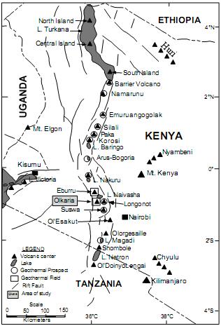 Figure 1: Map of the Kenya rift showing the location of Olkaria geothermal field and other Quaternary volcanoes along the rift valley (Lagat, 2004).