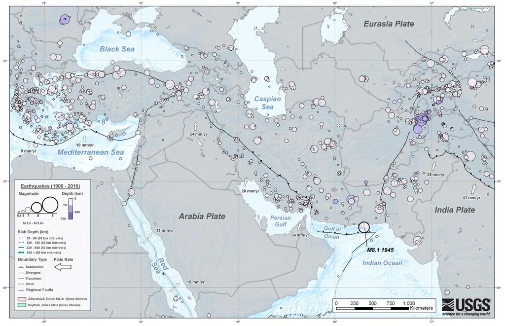 Middle East tectonics and earthquakes result from the interaction of the Eurasia, Arabia, India, and Africa Plates.