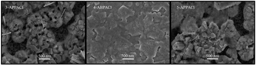 Figure S1 Comparison of the morphology for the perovskite films containing 3-APPACl, 4-ABPACl and 5-APPACl deposited on the mp-tio2/fto substrates.