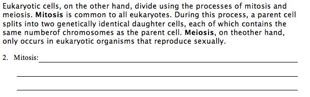 Critical Reading: Cell Division and Meiosis Directions: Complete the reading below, and then use the reading to define the