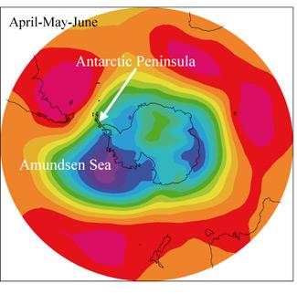 Changes in Sea Ice Cover Influenced by Southern Annular Mode (SAM) + SAM Positive phase: Cold southerly winds blow out of