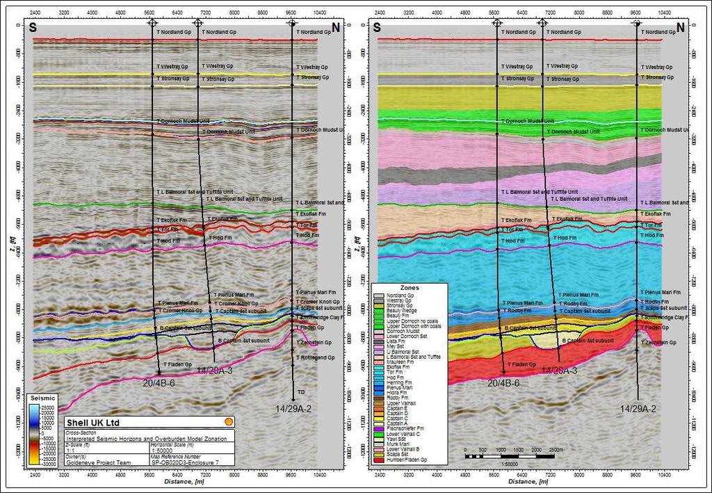 Figure 2.7 Seismic cross-section showing interpreted seismic (left) and overburden stratigraphy (right) (from Shell, 2011).