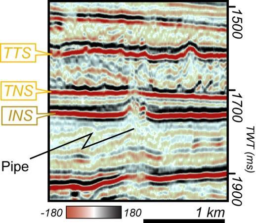 Figure 3.22 Seismic line from a 3D volume showing pull-up and disruption of the INS and TNS reflectors due to fluid migration, which do not appear to propagate beyond the TTS stratigraphic level.