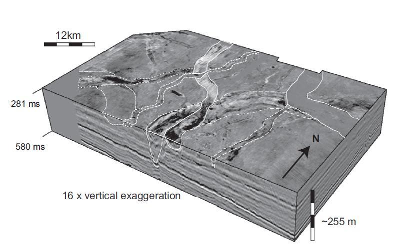 Figure 3.24 Example 3D seismic cube in the UK central North Sea demonstrating the cross-cutting, stacked nature of buried tunnel valleys. Adapted from Figure 3 of Stewart et al. (2013). 3.4 Hydrofracturing and glacitectonic faulting Structures associated with hydrofracturing (e.