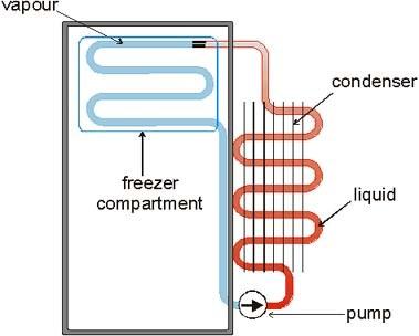A refrigerant evaporates and takes thermal energy from the food and air. Vapour is drawn away by the pump, which compresses it and turns it into a liquid.