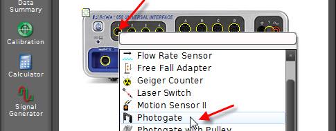 (3) Add a Photogate. (5) Create and configure a digital meter. Click the port which you plugged the Photogate into and select [Photogate] from the list.