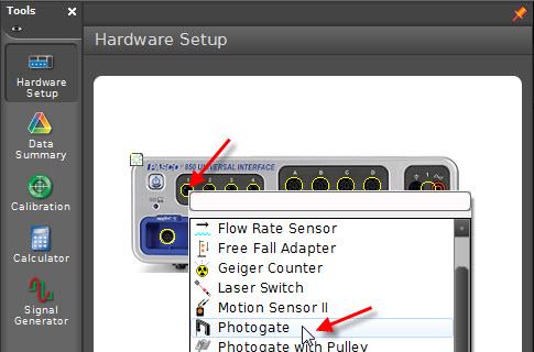 Click the input port which you plugged the Photogate into