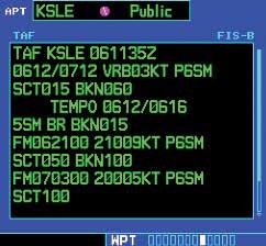Terminal Area Forecast (TAF) 1. In the WPT group, turn the small right knob to the TAF page. TAFs for the flight plan destination airport are shown. 2.