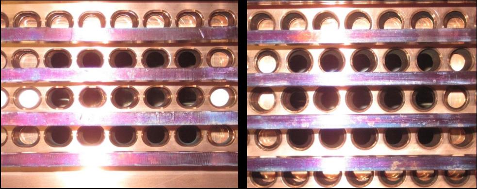 Figure 14: Active portion of the accelerator after masking several plasma grid apertures: top grid with oval apertures (left), bottom grid with circular apertures (right) [2] Figure 15: Original