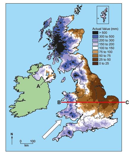 Choropleth maps 2 Study the choropleth map below. It shows the amount of rainfall experienced in the UK in December 2013. Answer the question that follows.
