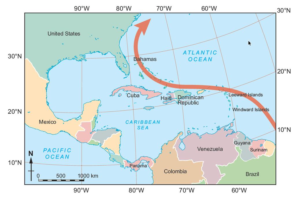 Using latitude and longitude 3 Study the map below. It shows the track of Hurricane Earl. Answer the question that follows.