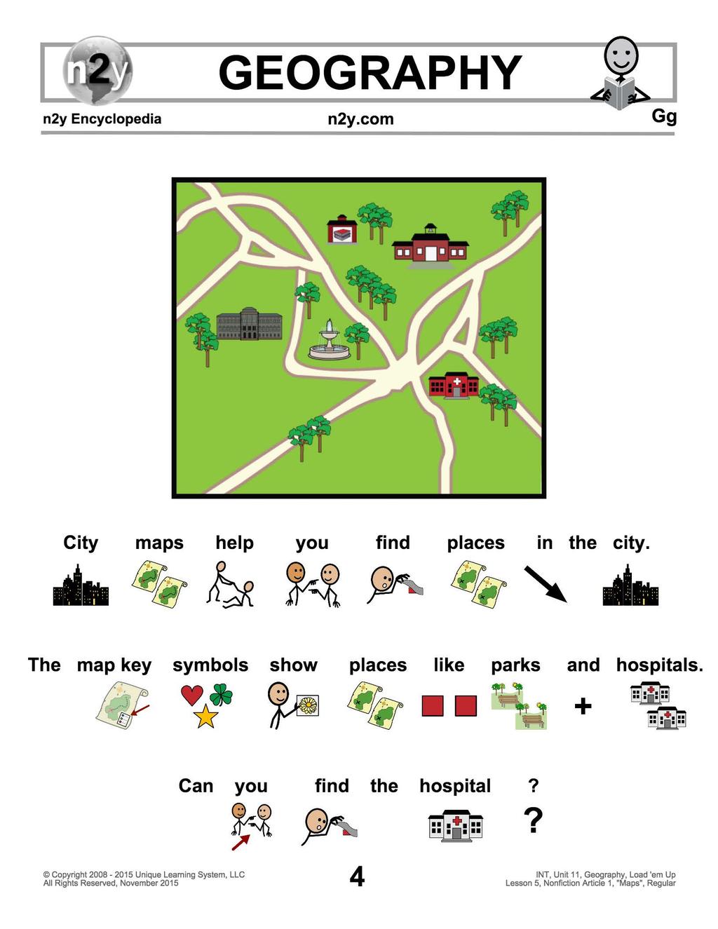 ... City maps help you find places in the city.... ' The map key symbols show places like parks u" - = + and hospitals.