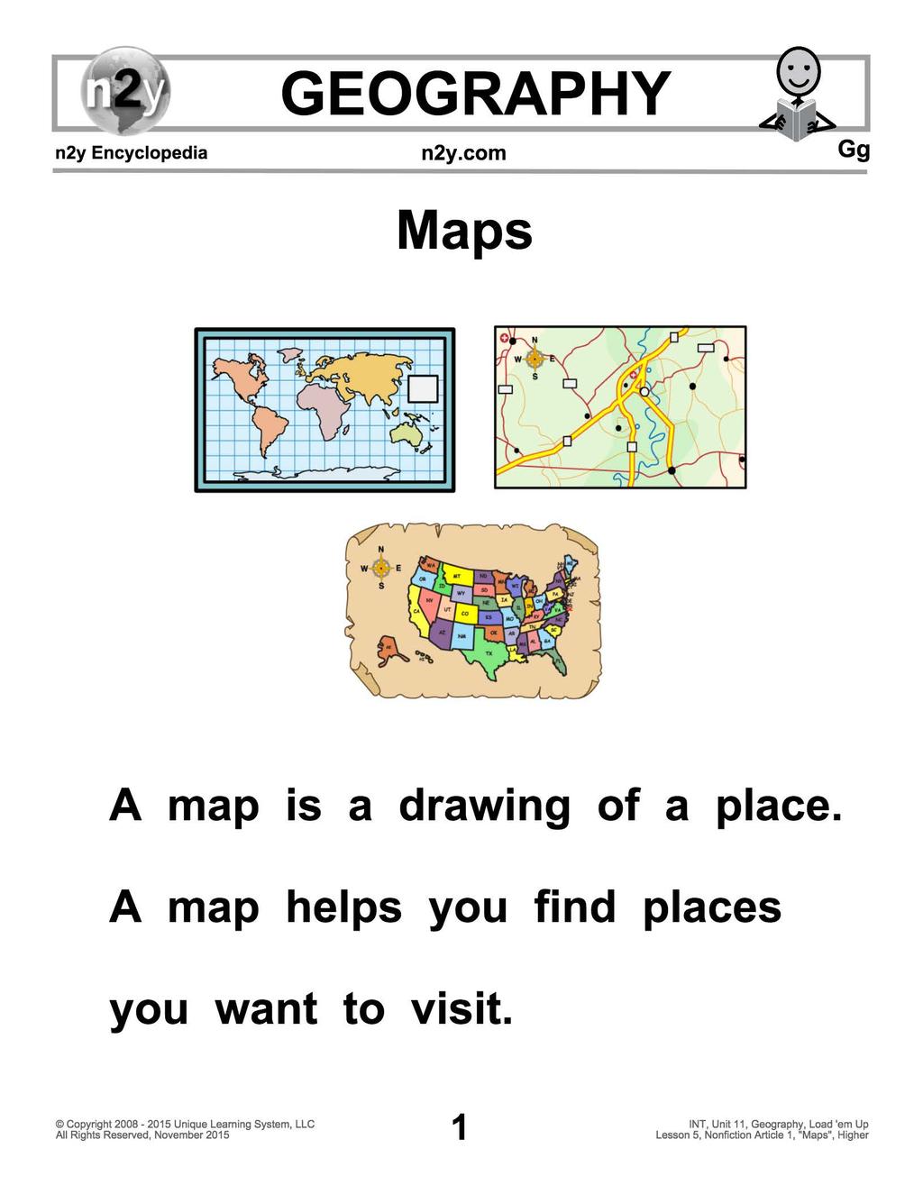 Maps A map is a drawing of a place. A map helps you find places you want to visit.