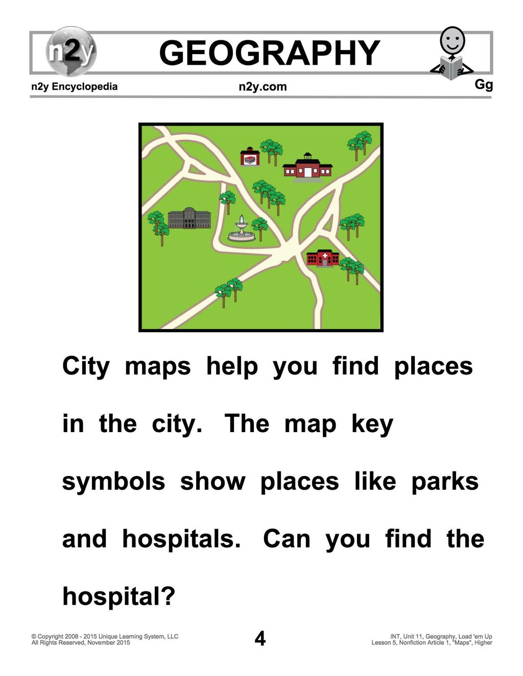 City maps help you find places in the city. The map key symbols show places like parks and hospitals.