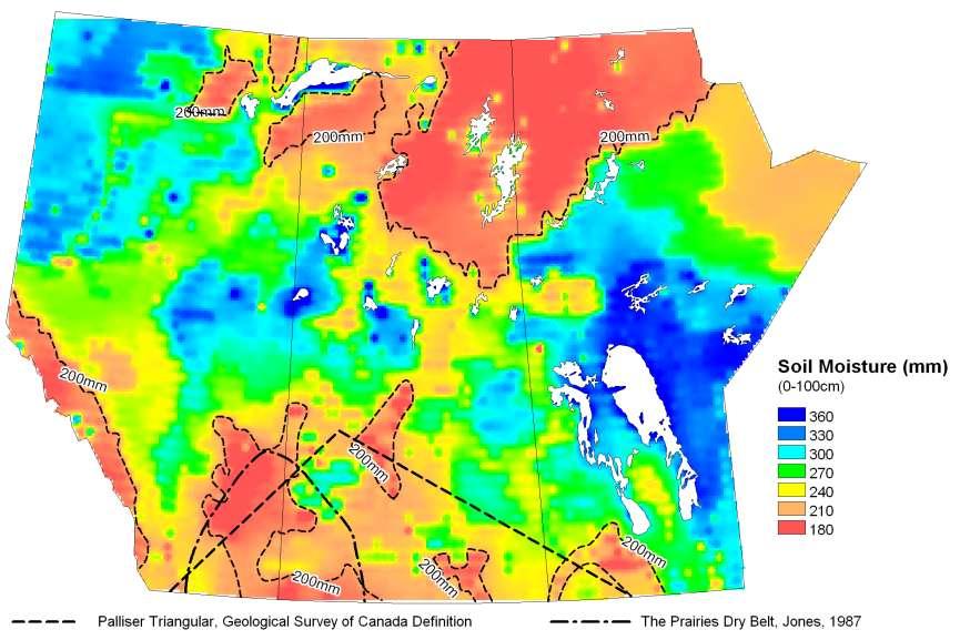 VIC soil moisture 60-yr (1950-2009) average of soil moisture (top 1-m) over the Prairies with the 200 mm soil moisture contour, showing modeled very