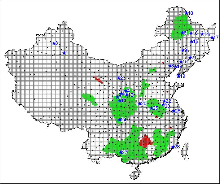 China 30-km VIC modeling domain with 10,458 points 624 meteorological stations ( ) 28 sites with in situ soil moisture measurements (blue