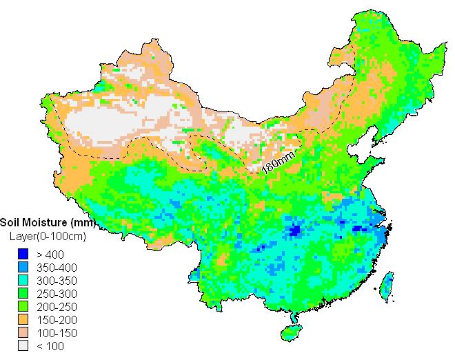 VIC soil moisture 60-yr (1950-2009) average of soil moisture (top 1-m) over China with the 180 mm soil moisture contour, showing modeled very dry
