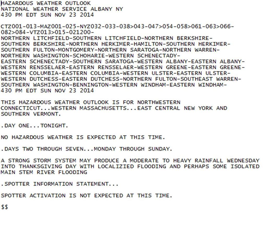 Integrated Warning Team Workshop National Weather Service - Albany, NY October 31, 2014 Scenario #1 = November 23 27 (Note: November 27 = Thanksgiving) Initial Overview: A storm system will track