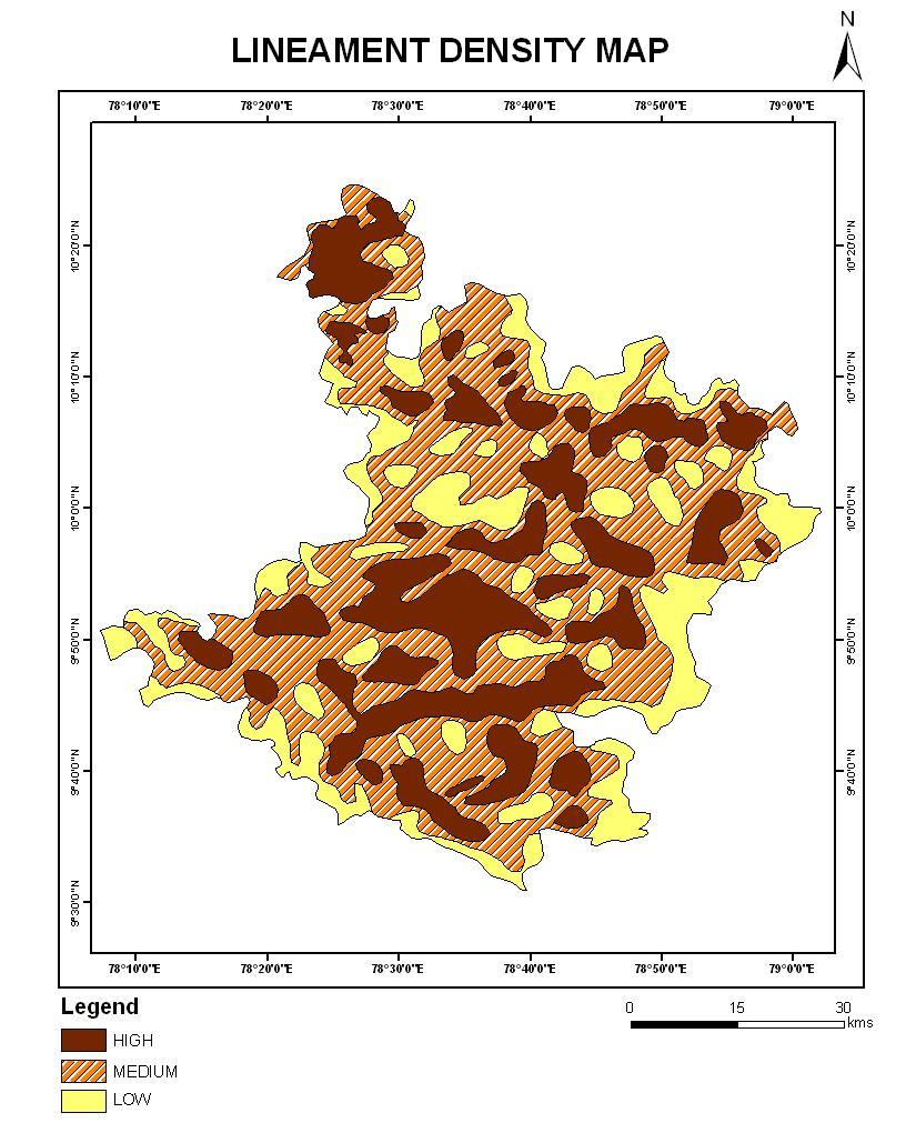 lineaments are showing NNW SSE, direction. From the lineament data the density was drawn and the lineament density map was prepared and categorized into high, low and medium. 2.