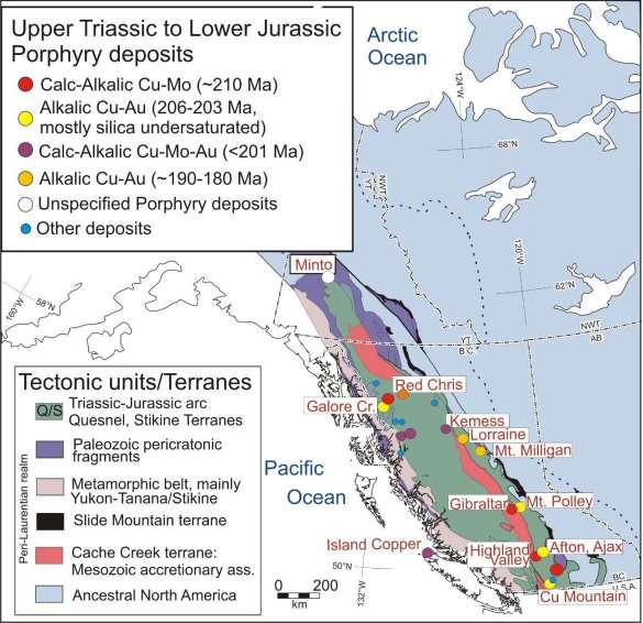 Upper Triassic-Upper Jurassic Porphyries Pre- to syn- accretion; Early Calc-alkalic Cu-Mo (Au) porphyries; ~206-203 Ma Alkalic Cu- Au porphyries; ~ 200 Ma