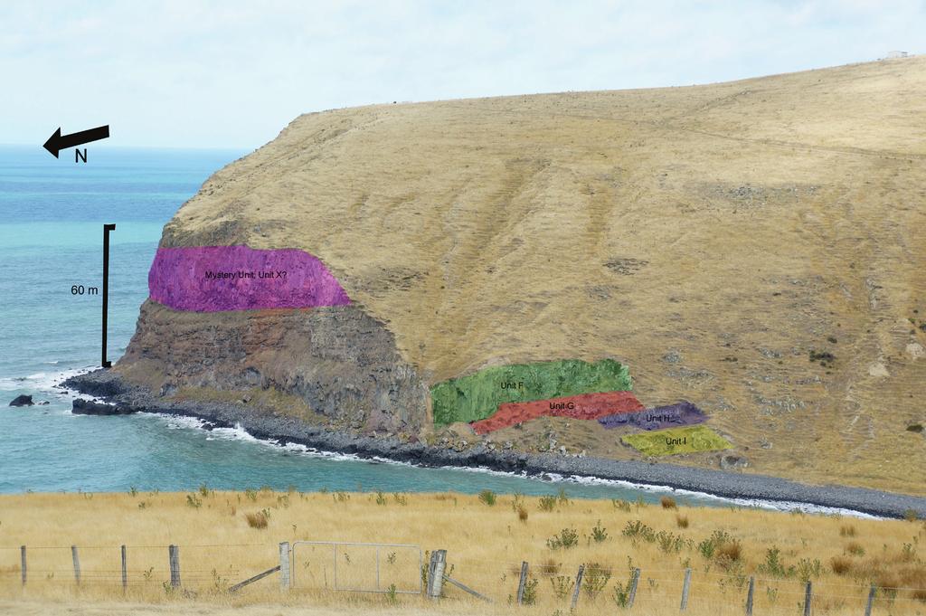 12 344 345 346 Figure 2. The east side of Stony Bay with important lava flows for this study colored in. Mystery unit X is in pink, unit F in green, unit G in red, unit H in blue and unit I in yellow.