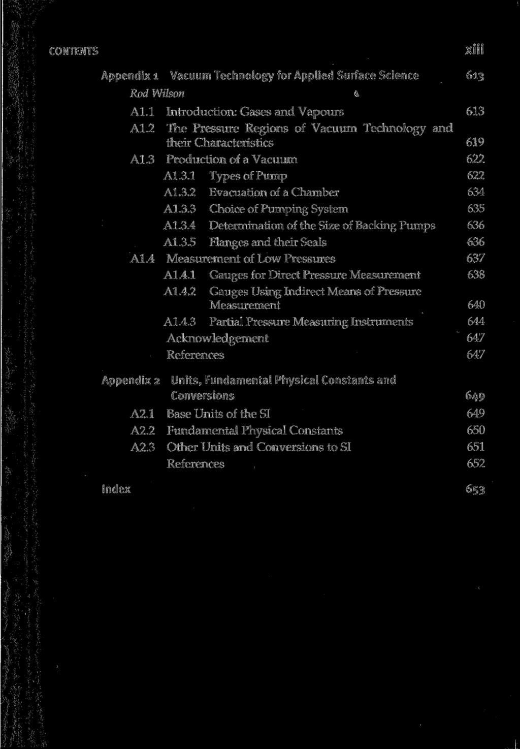 XIII Appendix i Vacuum Technology for Applied Surface Science 613 Rod Wilson Al.l Introduction: Gases and Vapours 613 Al.2 The Pressure Regions of Vacuum Technology and their Characteristics 619 A1.