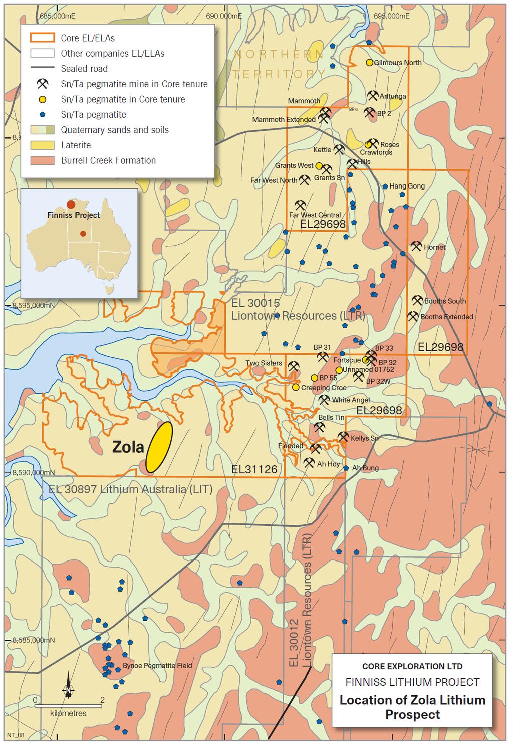 Core is continuing sampling and exploration of pegmatites in the Finniss Lithium Project to define and prioritise drilling of potential targets.